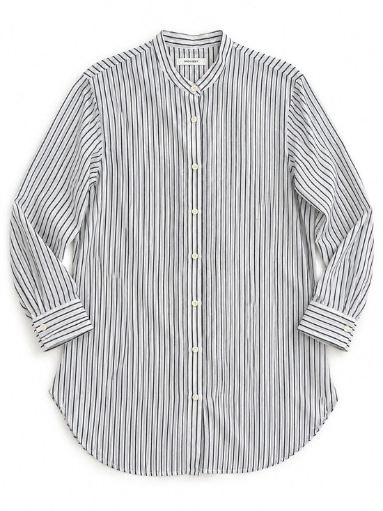 Moussy Tops - MOUSSY Striped Collarless Button-Up Shirt | White Grey Pinstripe Long Sleeve